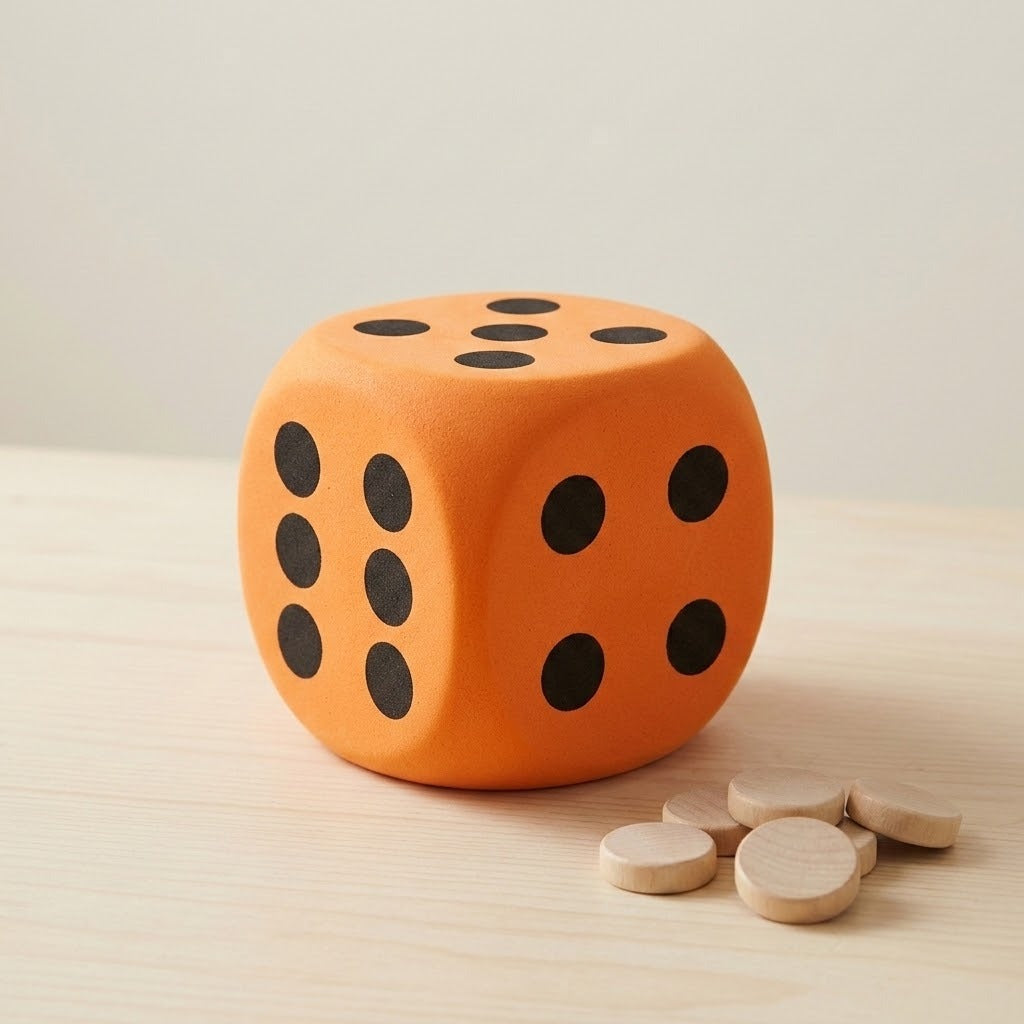 An orange foam die with black dots sits beside small wooden counters on a light wood surface against a beige background.