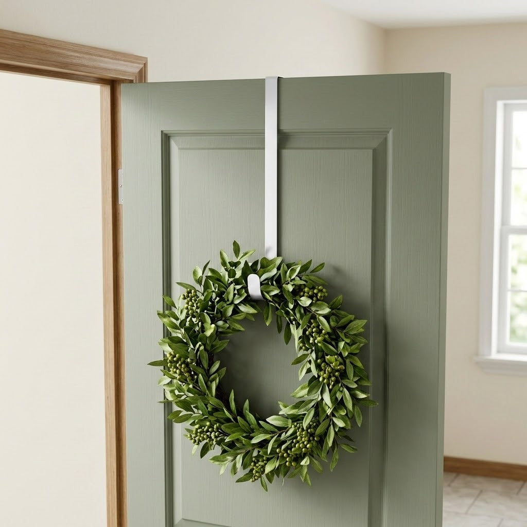 A white wreath hanger holds a leafy wreath with green berries on an open sage green door in a bright entryway.