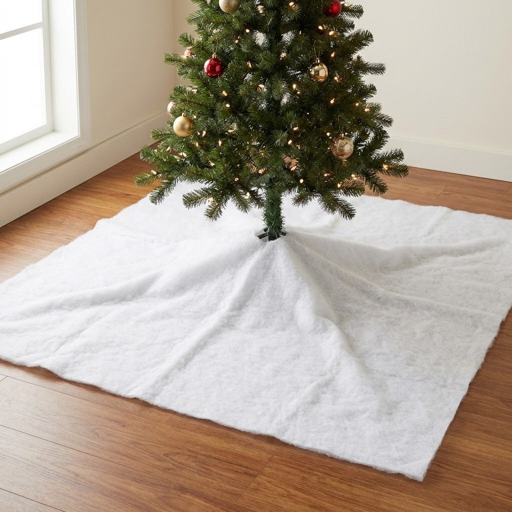 A fluffy white snow blanket spreads around a decorated Christmas tree base on a wooden floor beside a window.