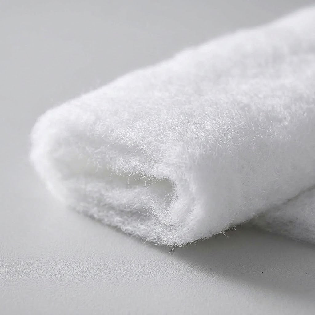 A folded white snow blanket shows fine fuzzy fibers and layered edges in close-up against a light gray background.