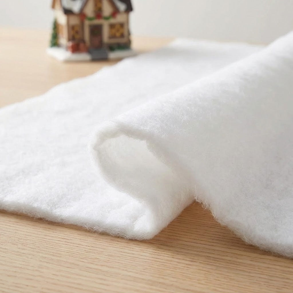 A fluffy white snow blanket lies loosely folded on a light wood tabletop with a miniature house in the background.