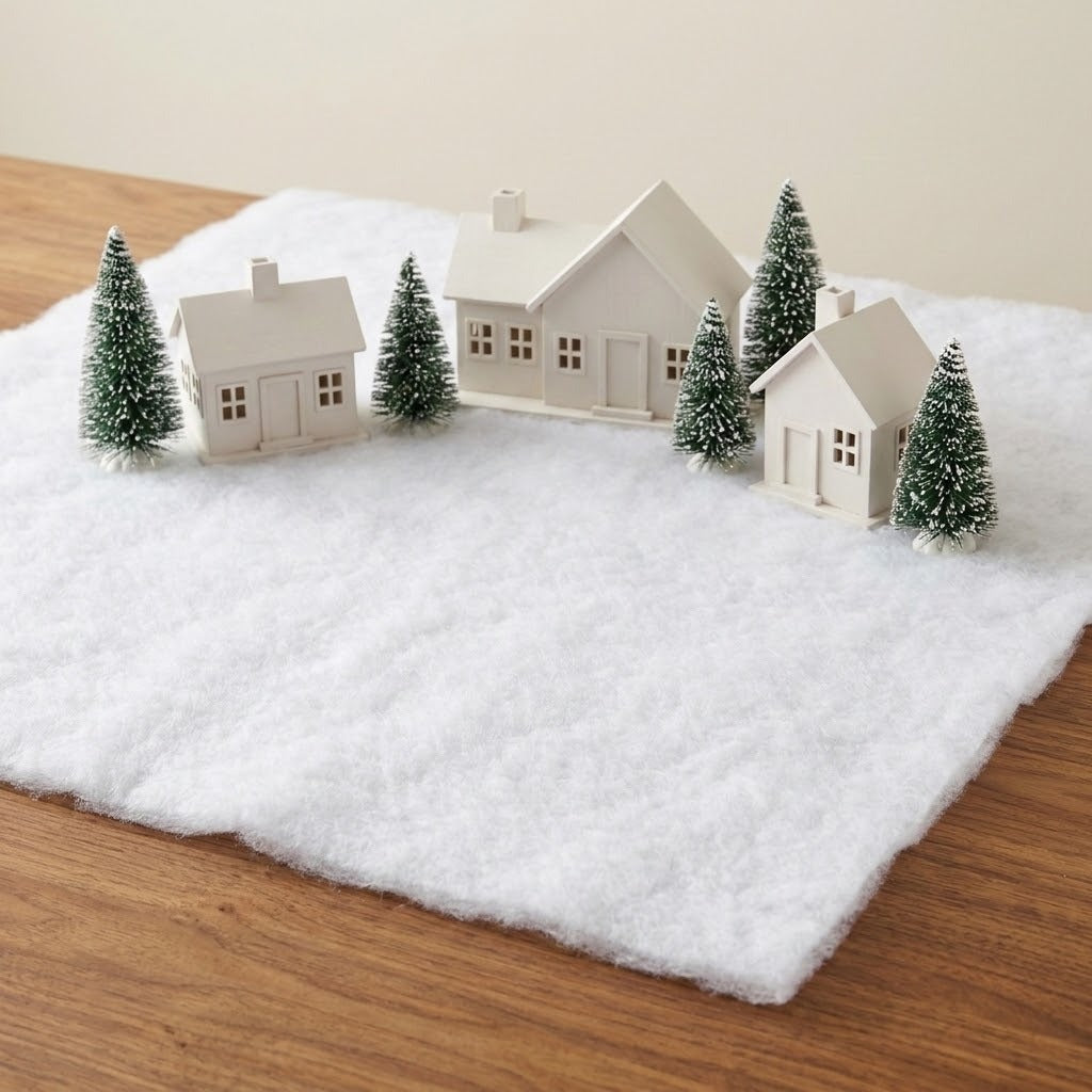 A fluffy white snow blanket covers a wooden tabletop beneath three miniature cream houses and snow-dusted green trees.