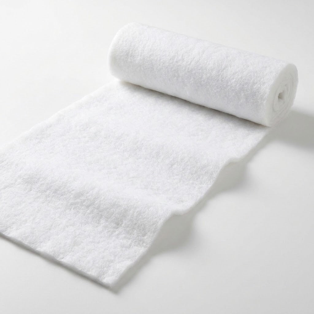 A white snow blanket roll sits partially unrolled on a plain white background, showing its fluffy texture and slightly uneven edges.