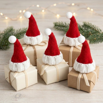 Five miniature Christmas craft accessories shaped as red knitted Santa hats with white pom-poms decorate wrapped gifts on pale wood beside evergreen sprigs.