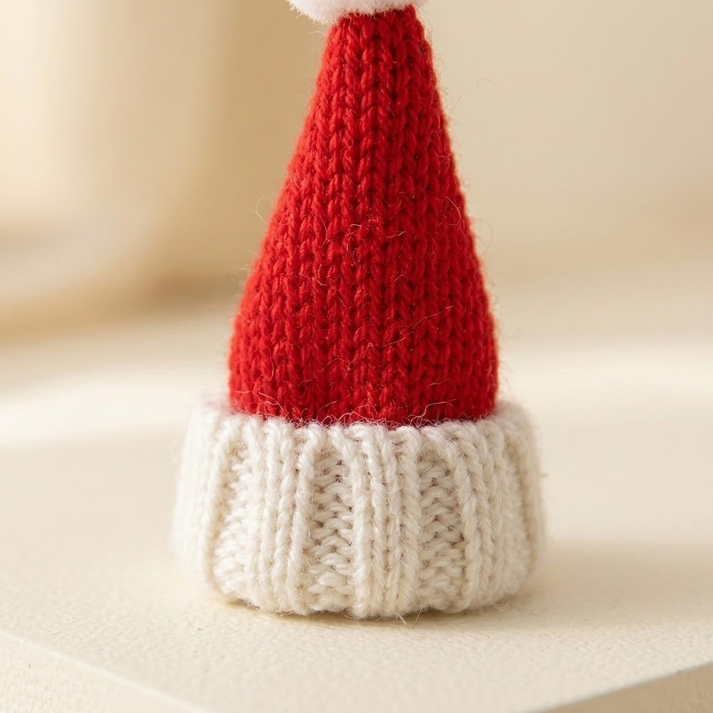 A small knitted Santa hat with a red pointed top and a white ribbed brim, photographed on a soft cream background.