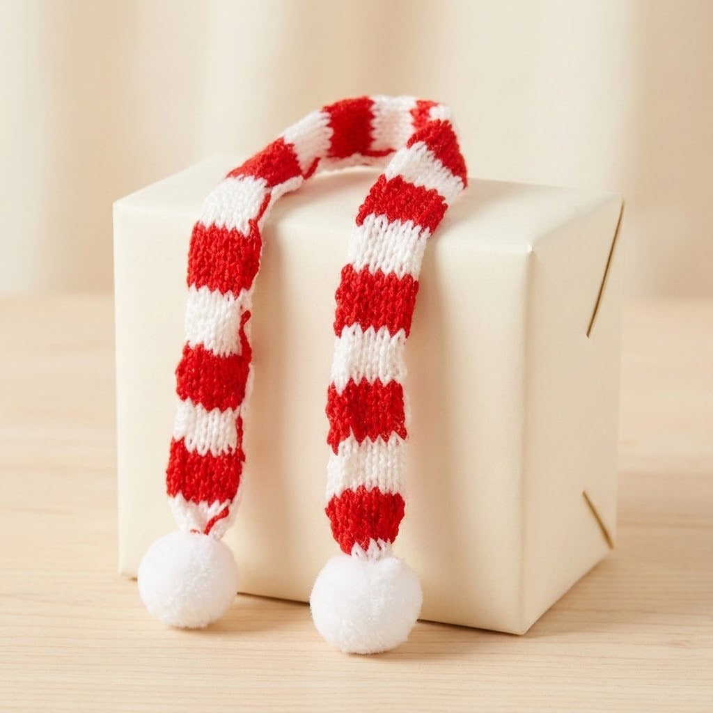A red and white striped knit Santa hat with white pom-poms, draped over a cream gift box on a light wood surface.