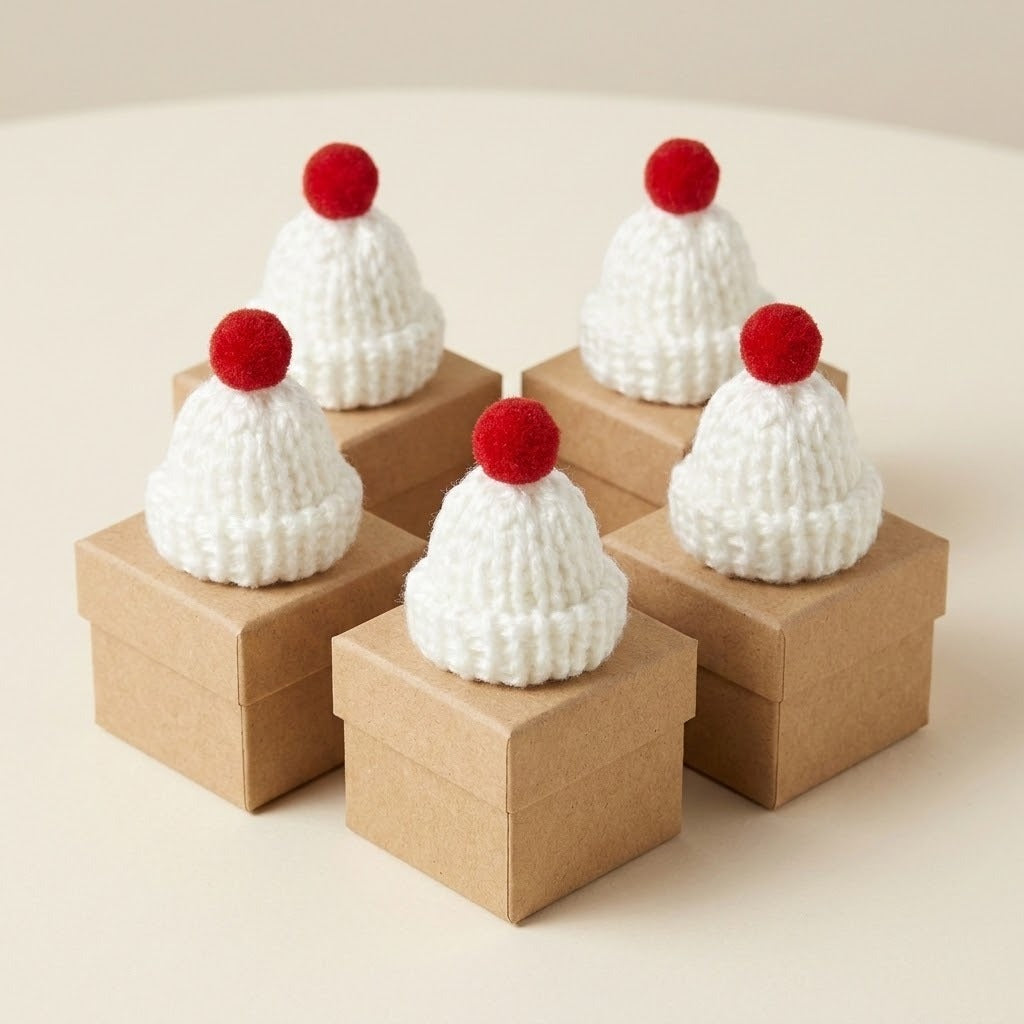 Miniature Christmas accessories include five white knitted hats with red pom-poms atop brown gift boxes on a cream background.
