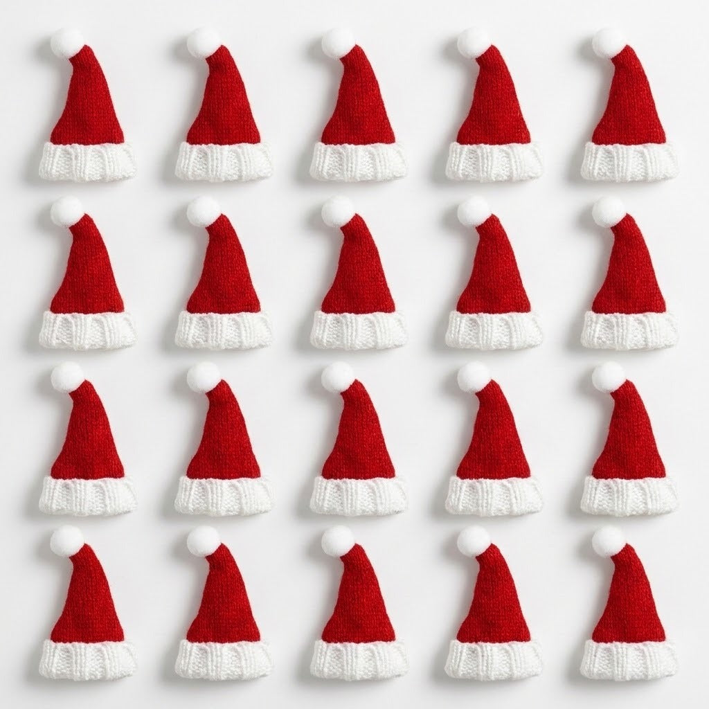 Miniature Christmas accessories include twenty red knitted Santa hats with white cuffs and pom-poms arranged in four rows on white.