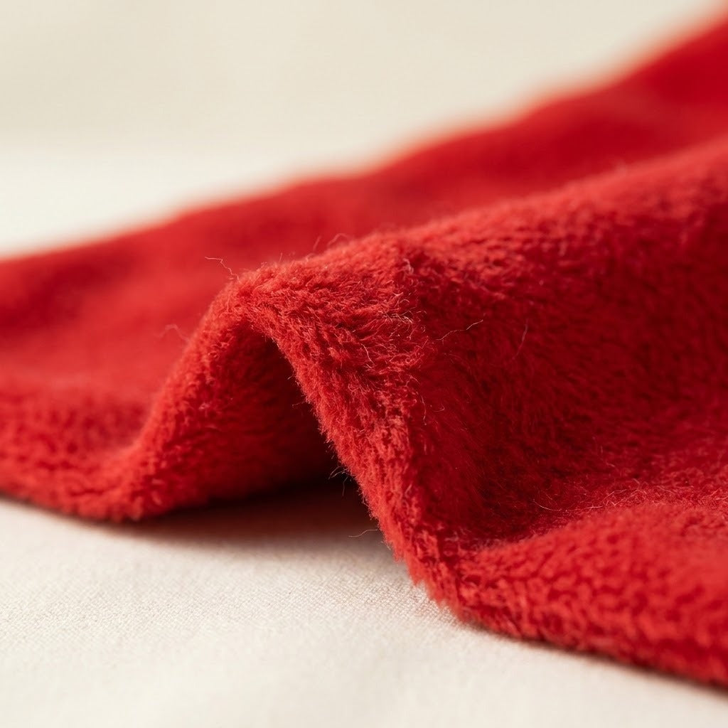 A close-up shows the red gift sack's fleece fabric folded on a light beige surface, revealing its fuzzy texture.