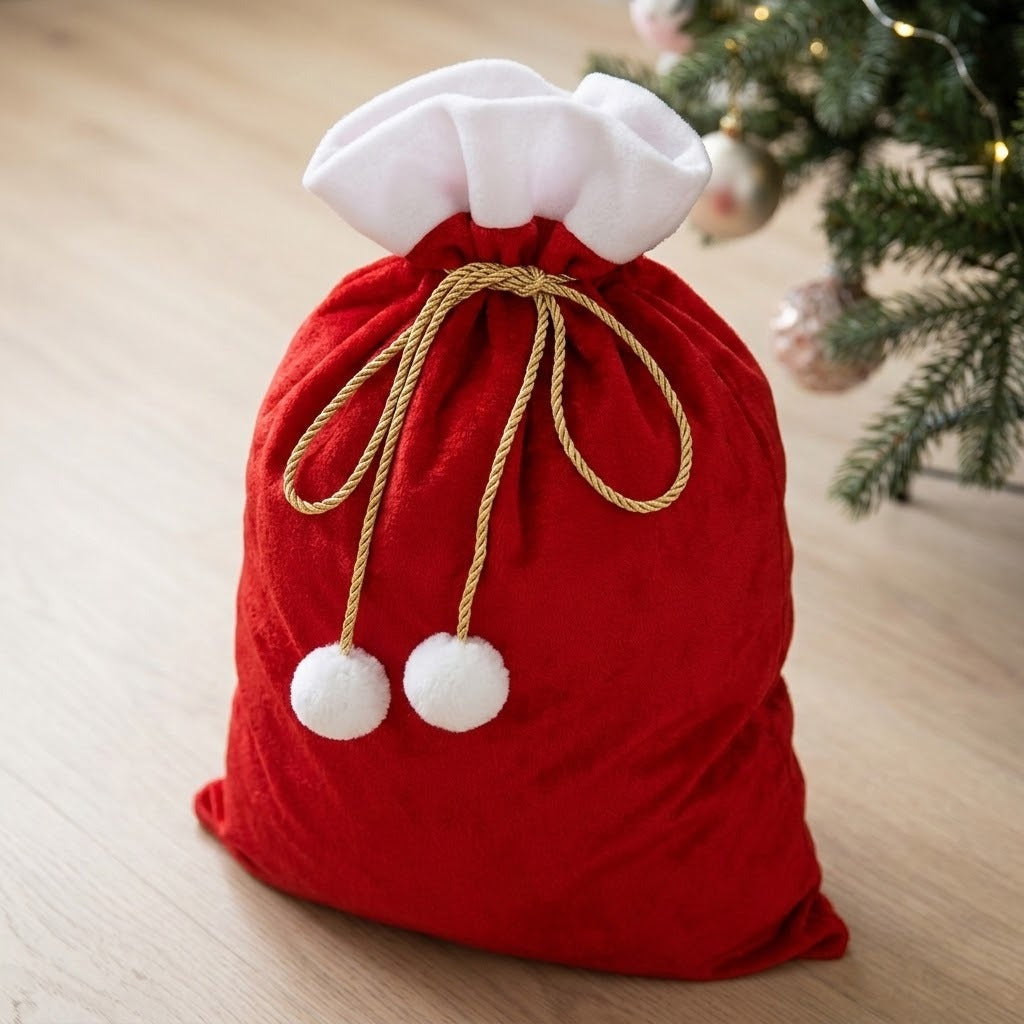 A red fleece gift sack tied with a gold bow stands on pale wood beside a Christmas tree, with white trim and pompoms.