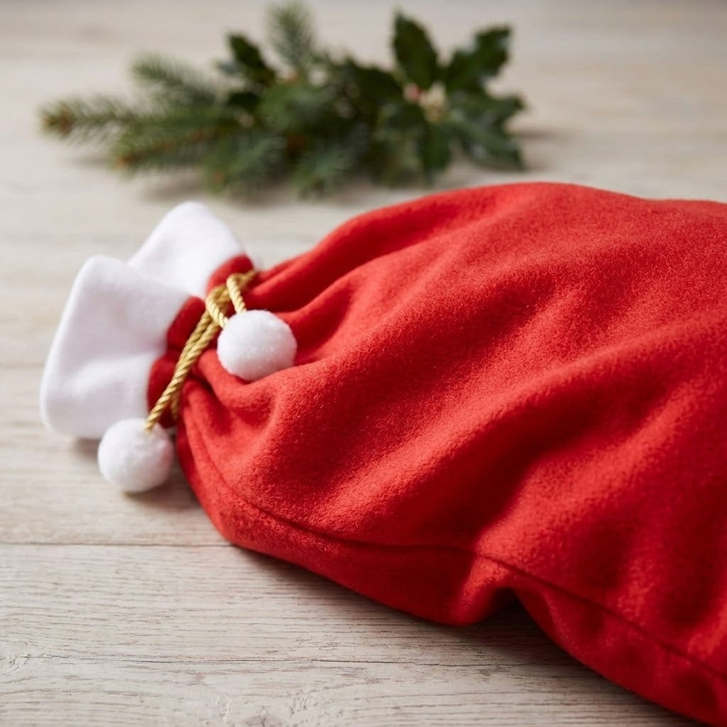 A red fleece gift sack with white trim and pompoms lies on pale wood with evergreen sprigs in the background.