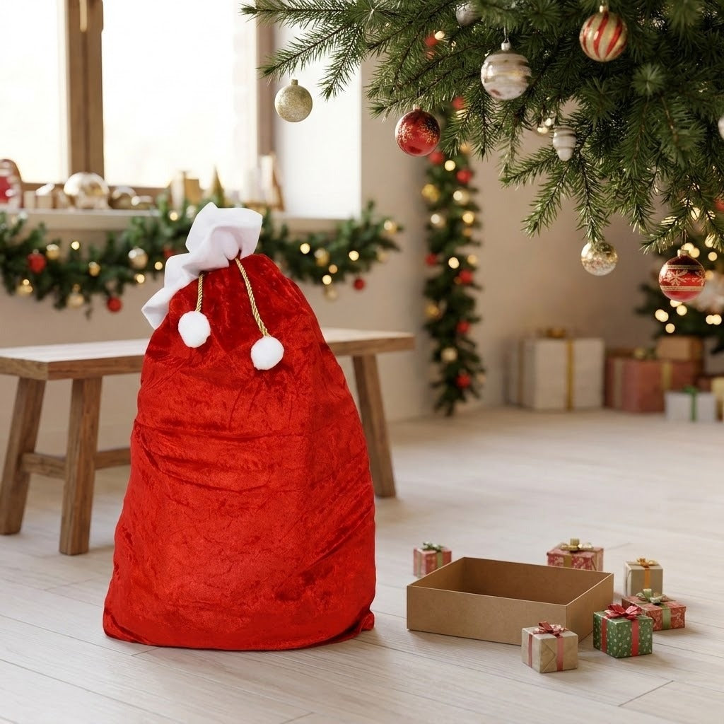Red velvet-textured drawstring sack with white trim and pom-poms stands beside small gifts beneath decorated Christmas tree branches.
