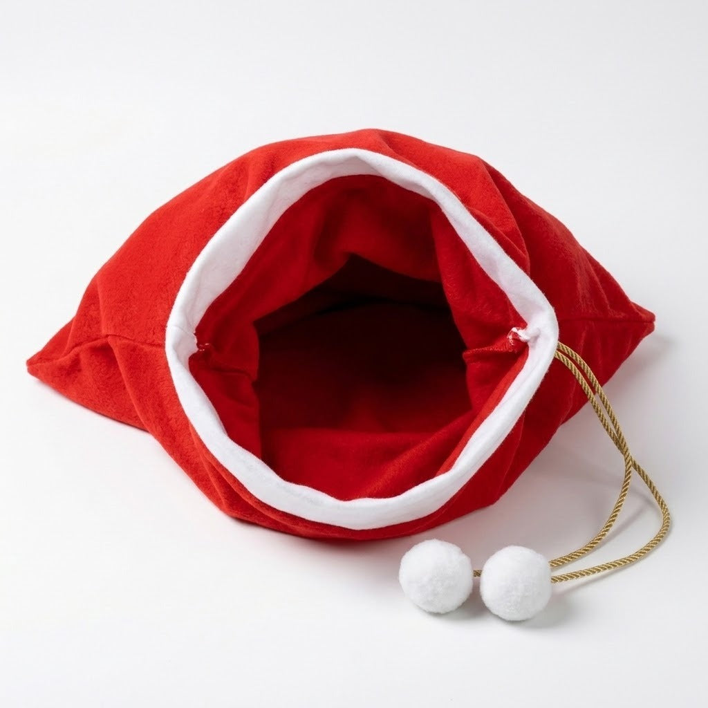 A red fleece gift sack rests open on white, showing its interior, white trim, gold drawstring, and two white pompoms.