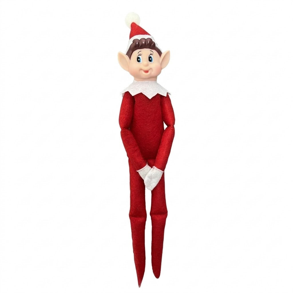 A red elf doll with a pointed hat, white collar and gloves, and long legs appears against a white background.