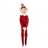 A red elf doll with a pointed hat, white collar and gloves, and long legs appears against a white background.