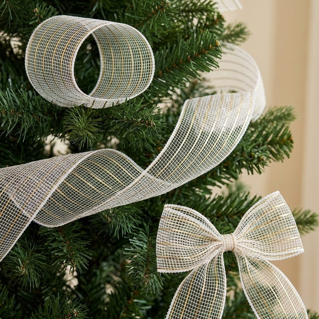 White mesh decorative ribbon forms a circular loop, flowing curves, and a bow on green Christmas tree branches.