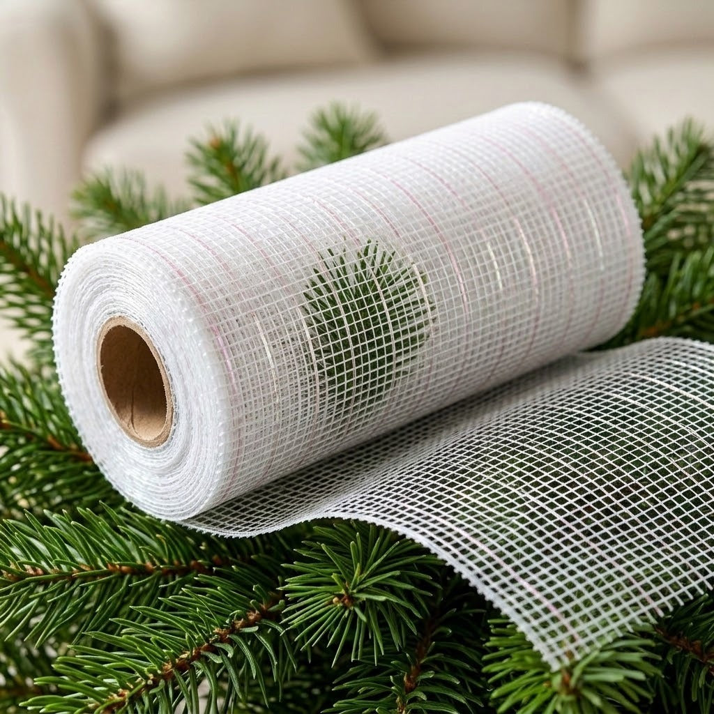 White mesh decorative ribbon rests partially unrolled among evergreen branches, with a beige sofa in the background.
