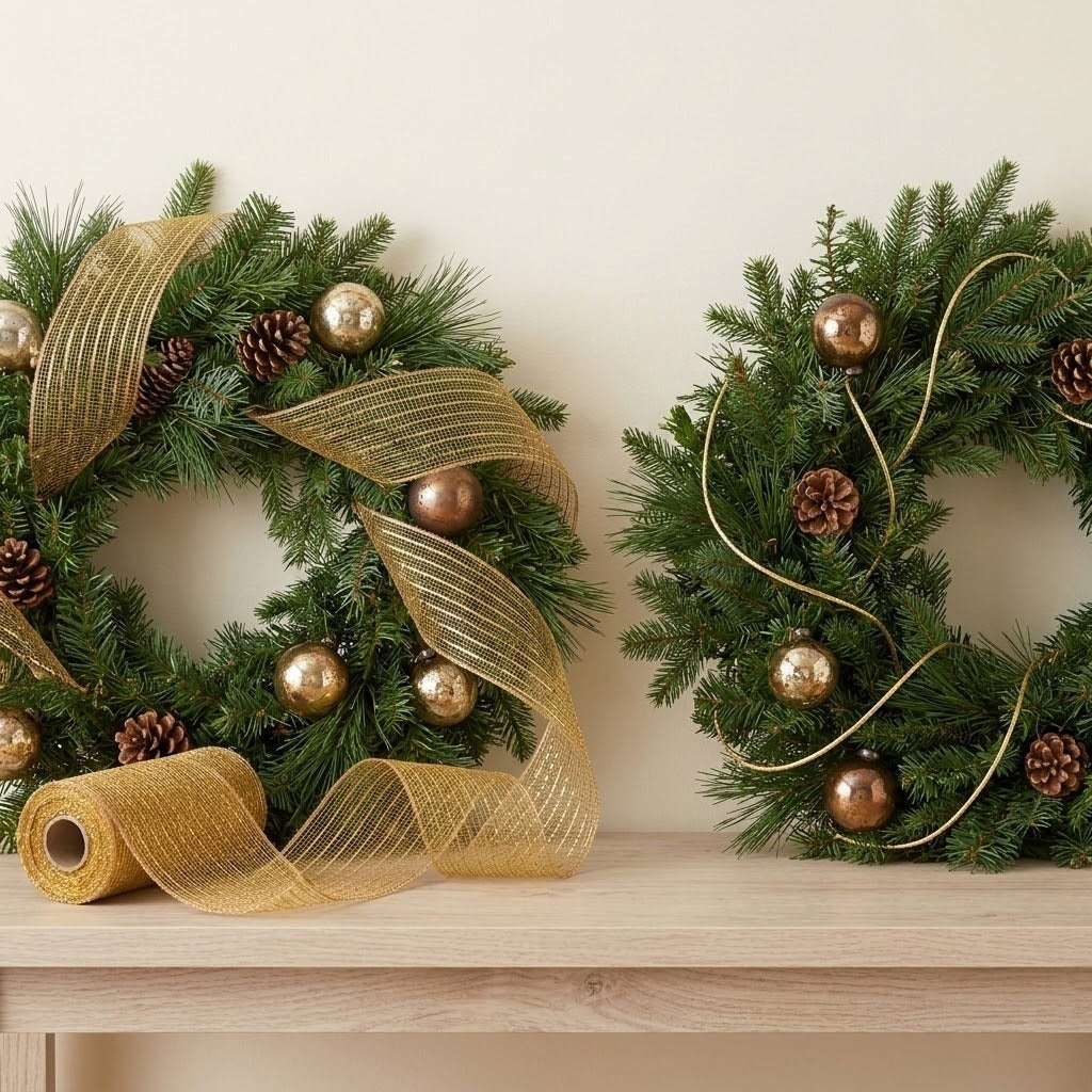 Gold mesh decorative ribbon wraps around an evergreen wreath beside a second wreath, with a loose roll on the wooden console.