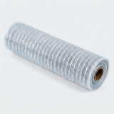 Silver decorative ribbon with an open mesh texture lies rolled diagonally on a pale background, with its brown cardboard core visible.