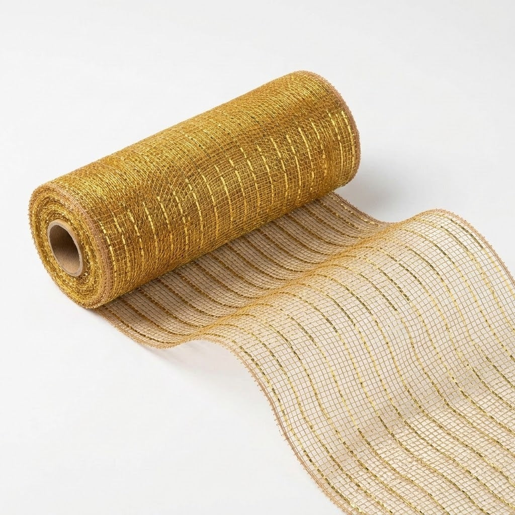 Gold mesh decorative ribbon with reflective stripes lies partially unrolled in gentle waves on a white background.