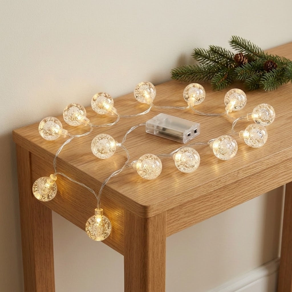 Warm white string lights with clear bubble globes spread across a wooden console beside evergreen branches and a transparent battery box.