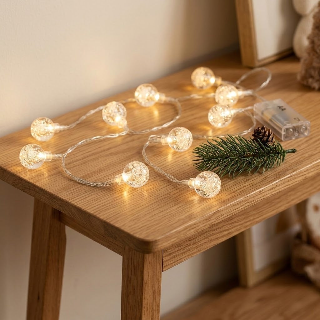 Warm yellow globe string lights lie on a wooden table beside an evergreen sprig, pinecone, and clear battery box.