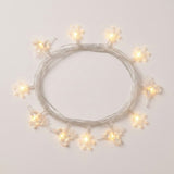 Clear reindeer and snowflake string lights glow warm white around a coil of silver-colored wire on a white background.