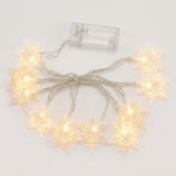 Clear snowflake string lights glow warm white around bundled silver-colored wires beneath a transparent battery box on a white background.