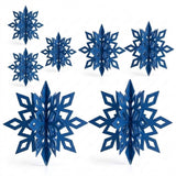 Seven dark blue 3D snowflake ornaments in assorted sizes display geometric cutouts against a white background.