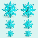 Six shiny turquoise 3D snowflake ornaments with diamond cutouts stand in three size pairs against a pale aqua background.