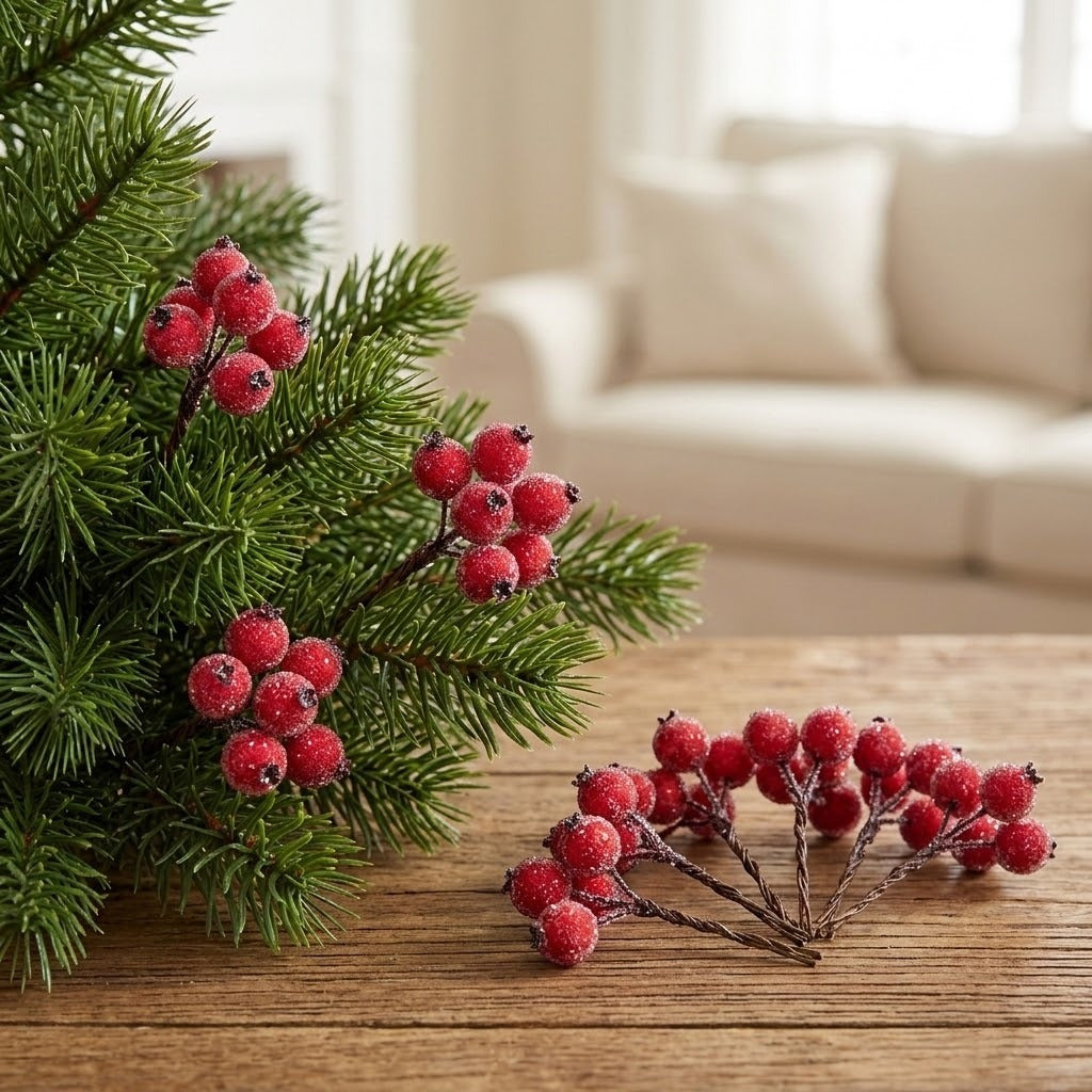 Frosted red artificial berry picks decorate green tree branches and rest on a rustic wooden table, with a blurred cream sofa behind.