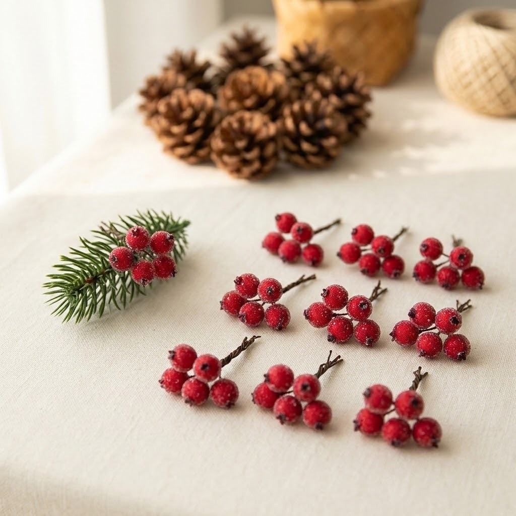 Red artificial berry picks with brown stems lie on cream fabric beside a pine sprig, with pinecones in the background.