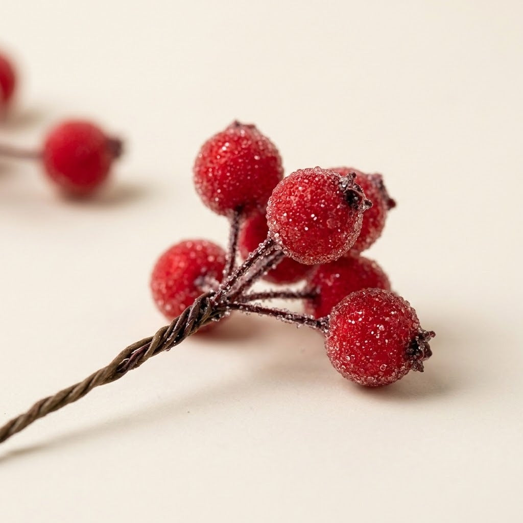 An artificial berry pick shows textured red berries and a twisted brown stem in close-up against a warm off-white background.