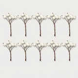 Ten artificial white berry picks with brown stems are arranged in two rows of five on a light gray background.
