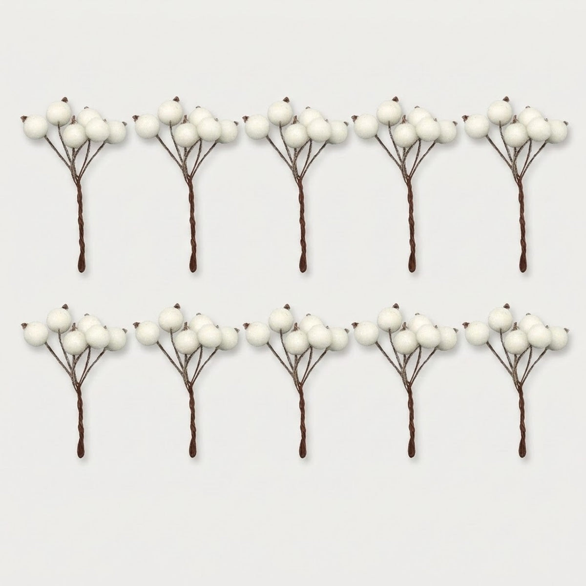 Ten artificial white berry picks with brown stems are arranged in two rows of five on a light gray background.