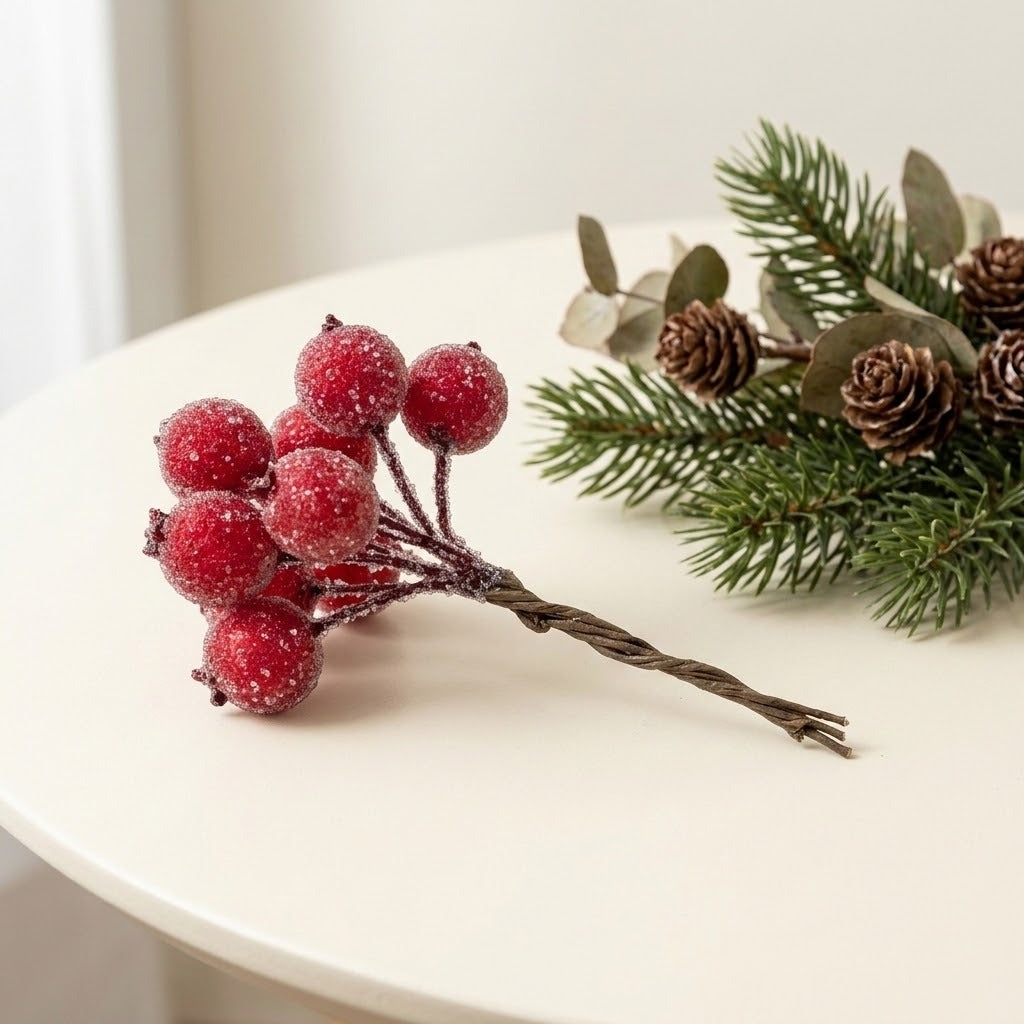 A frosted red artificial berry pick rests on a white tabletop beside green pine branches, eucalyptus leaves, and brown pinecones.