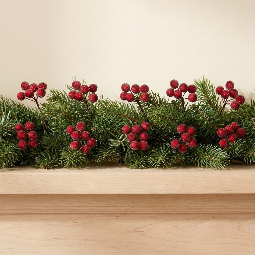 Red artificial berry picks are tucked into a green pine garland on a light wooden mantel against a cream wall.
