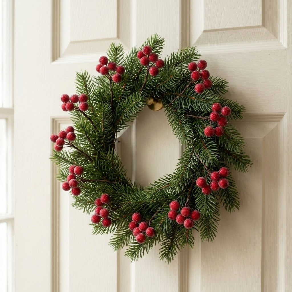 Artificial red berry picks decorate a green pine wreath with a small gold bell on a cream paneled door.