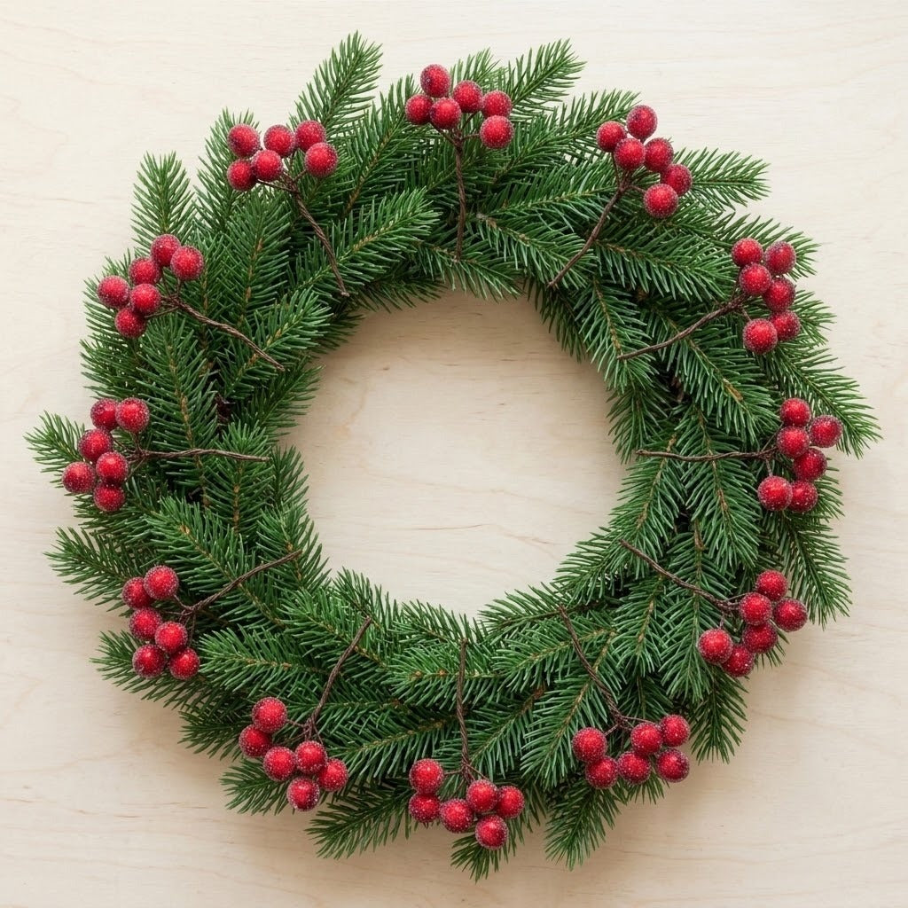 Artificial red berry picks with brown stems are spaced around a green pine wreath on a light beige background.
