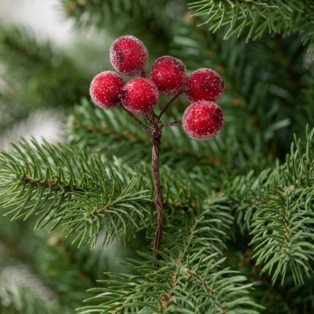An artificial berry pick has six red berries with white speckling on a twisted brown stem among green pine needles.