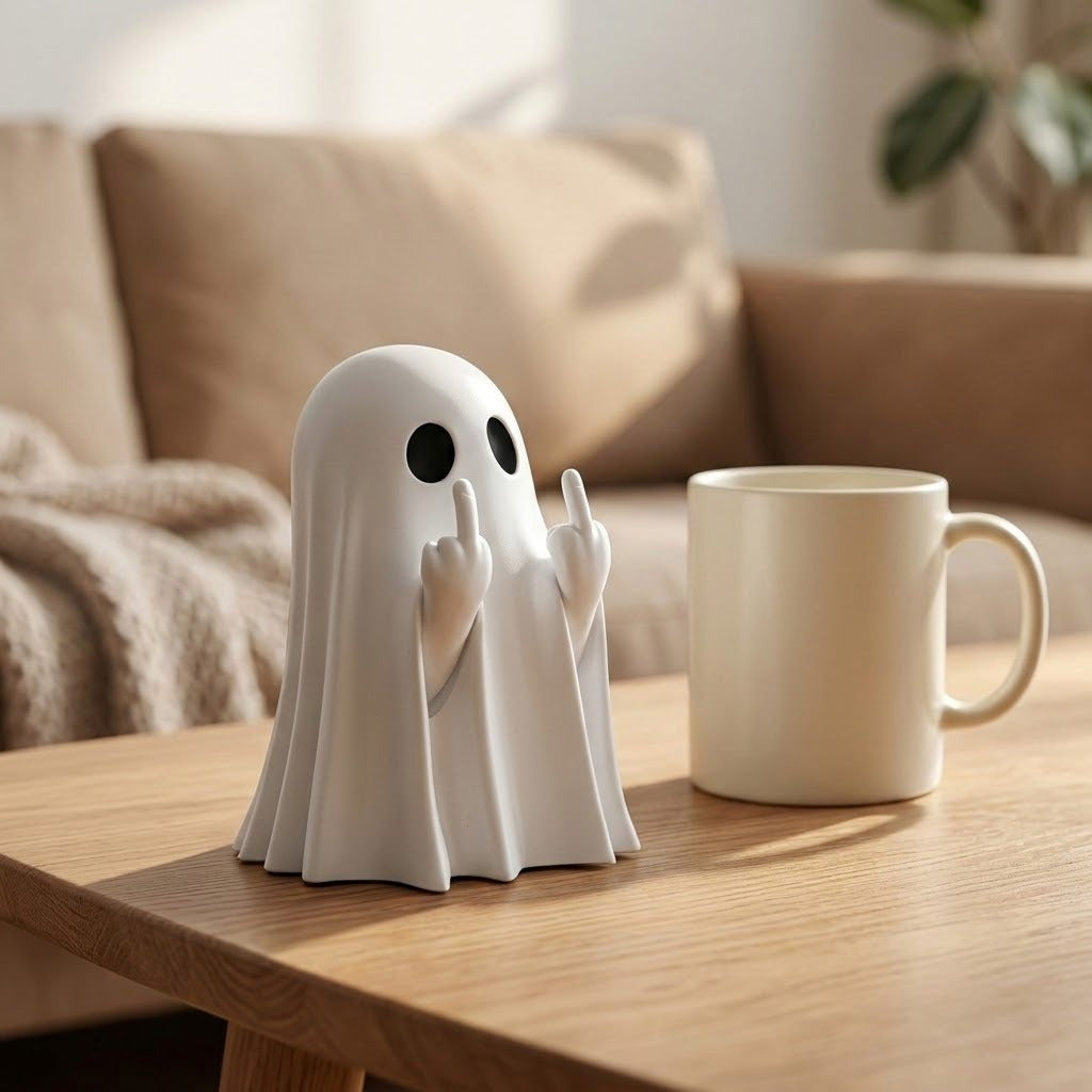 A white ghost-shaped figurine with black eyes and raised middle fingers sits on a wooden table next to a cream-colored ceramic mug in a cozy living room setting.