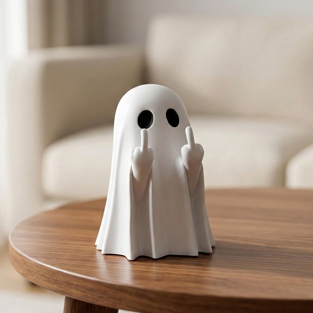 A white ghost figurine with black eyes and raised middle fingers sits on a round wooden table in a softly blurred living room setting.