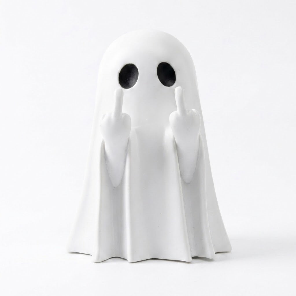 A white ghost figurine with black circular eyes and raised middle fingers, photographed against a seamless white background.