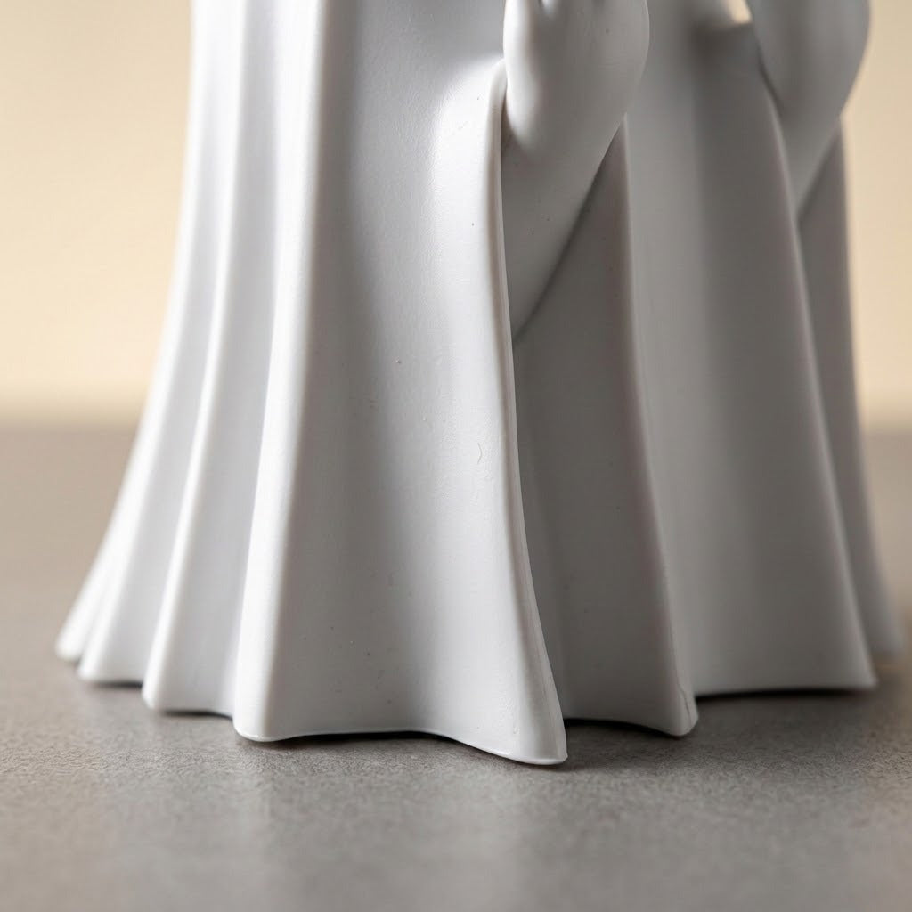 Close-up of a white plastic ghost figurine’s draped lower folds resting on a gray surface against a blurred beige background.