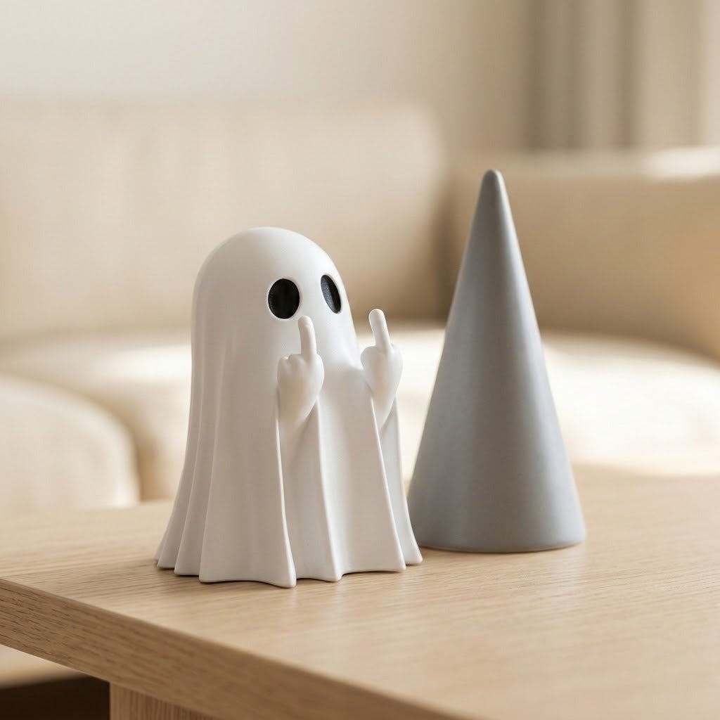 A white ghost-shaped figurine with black eyes and raised hands stands on a light wood table beside a gray cone-shaped object, with a softly blurred beige sofa in the background.