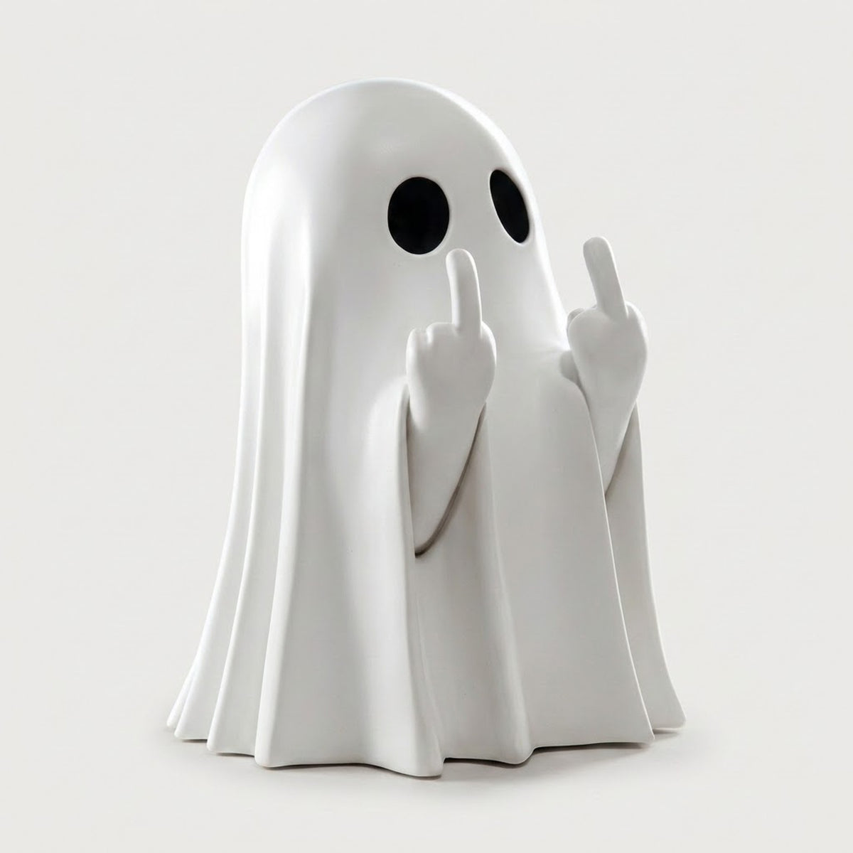 A white ghost figurine with black circular eyes and raised middle fingers, standing on a light gray background.