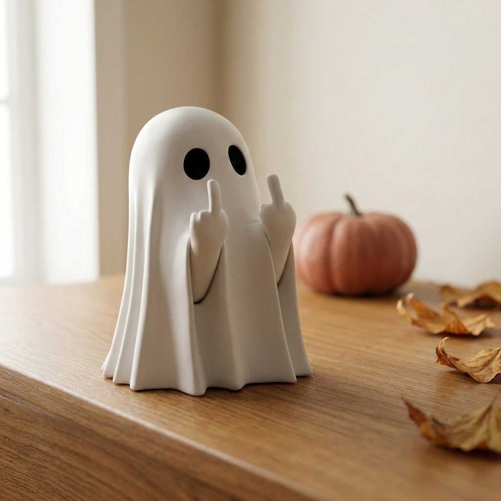 A white ghost-shaped figurine with black eyes and raised middle fingers sits on a wooden table, with a small pumpkin and dried leaves blurred in the background.