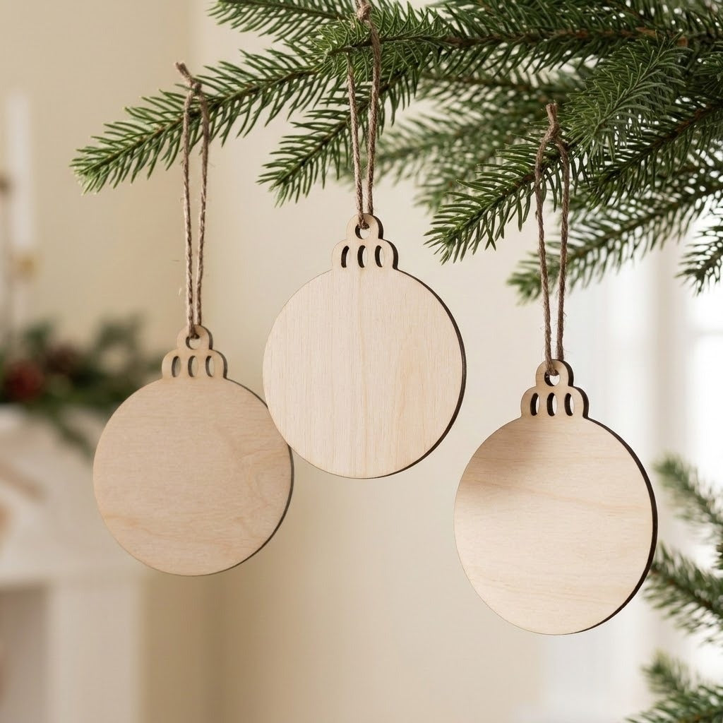 Three round unfinished wood ornament blanks hang from green Christmas tree branches on brown twine against a softly blurred cream background.
