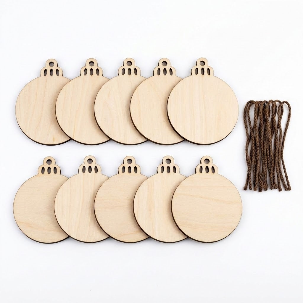 Ten unfinished light wood ornament blanks sit in two overlapping rows beside brown hanging cords on a white background.