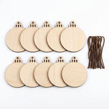 Ten unfinished light wood ornament blanks sit in two overlapping rows beside brown hanging cords on a white background.